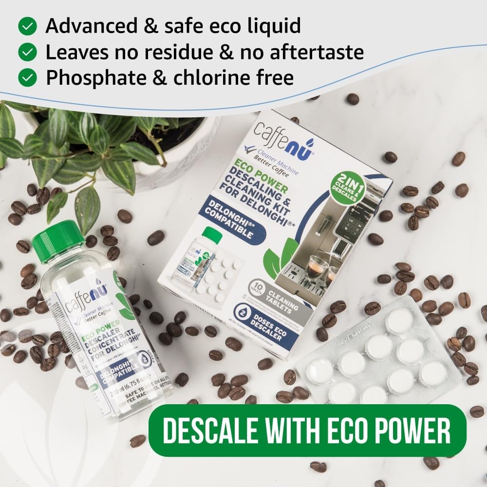 Delonghi Compatible Descaling Solution & 10 Cleaning Tablets. 200ml Descaler. Removes Limescale and Provides Hotter Coffee