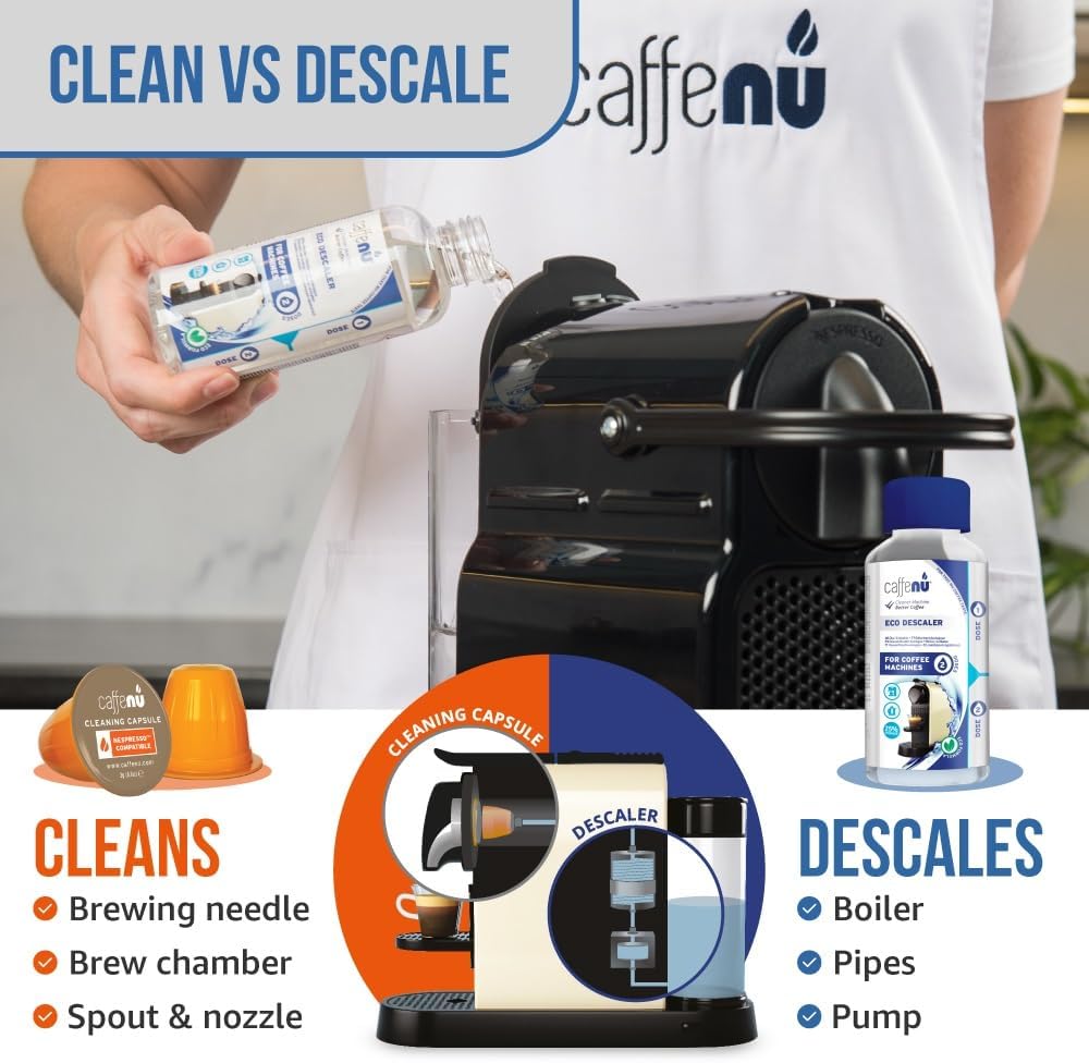 Nespresso Compatible Descaling Kit With Cleaning Capsules. 200ml Descaler Solution & 4 Cleaning Pods. Provides Hotter, Better Tasting Coffee. 4 Months Supply.