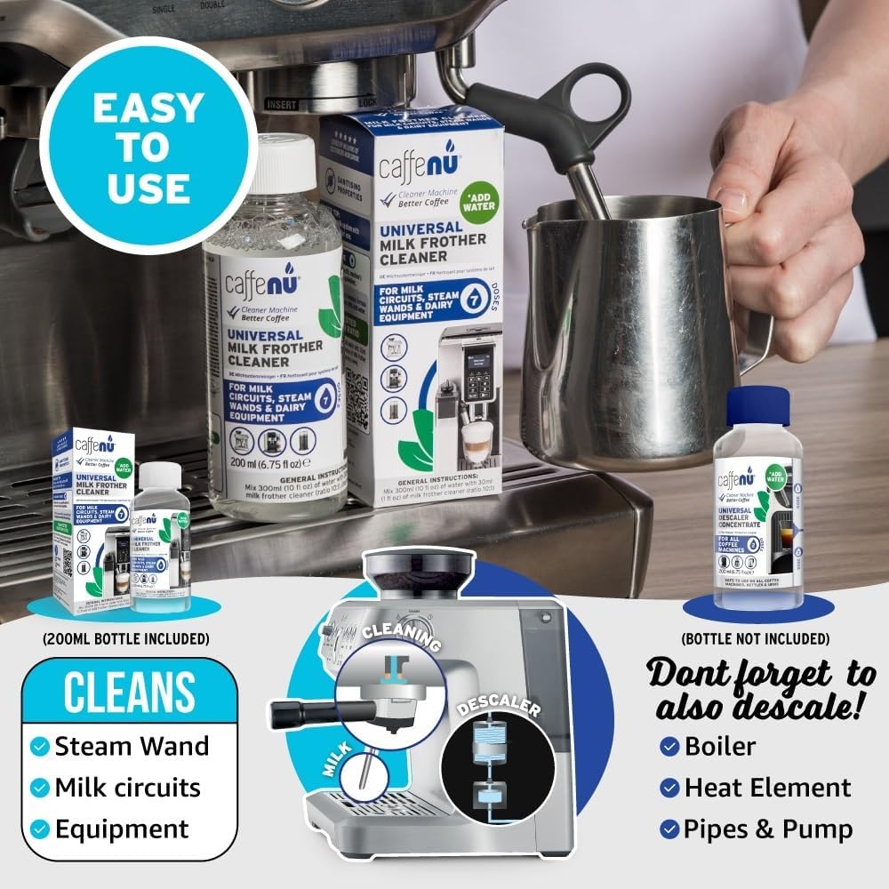 Milk Frother Cleaner. 200ml Alkaline Milk System Cleaner for Coffee Cleaning. Espresso Machine and Barista Accessories. 7 Doses.