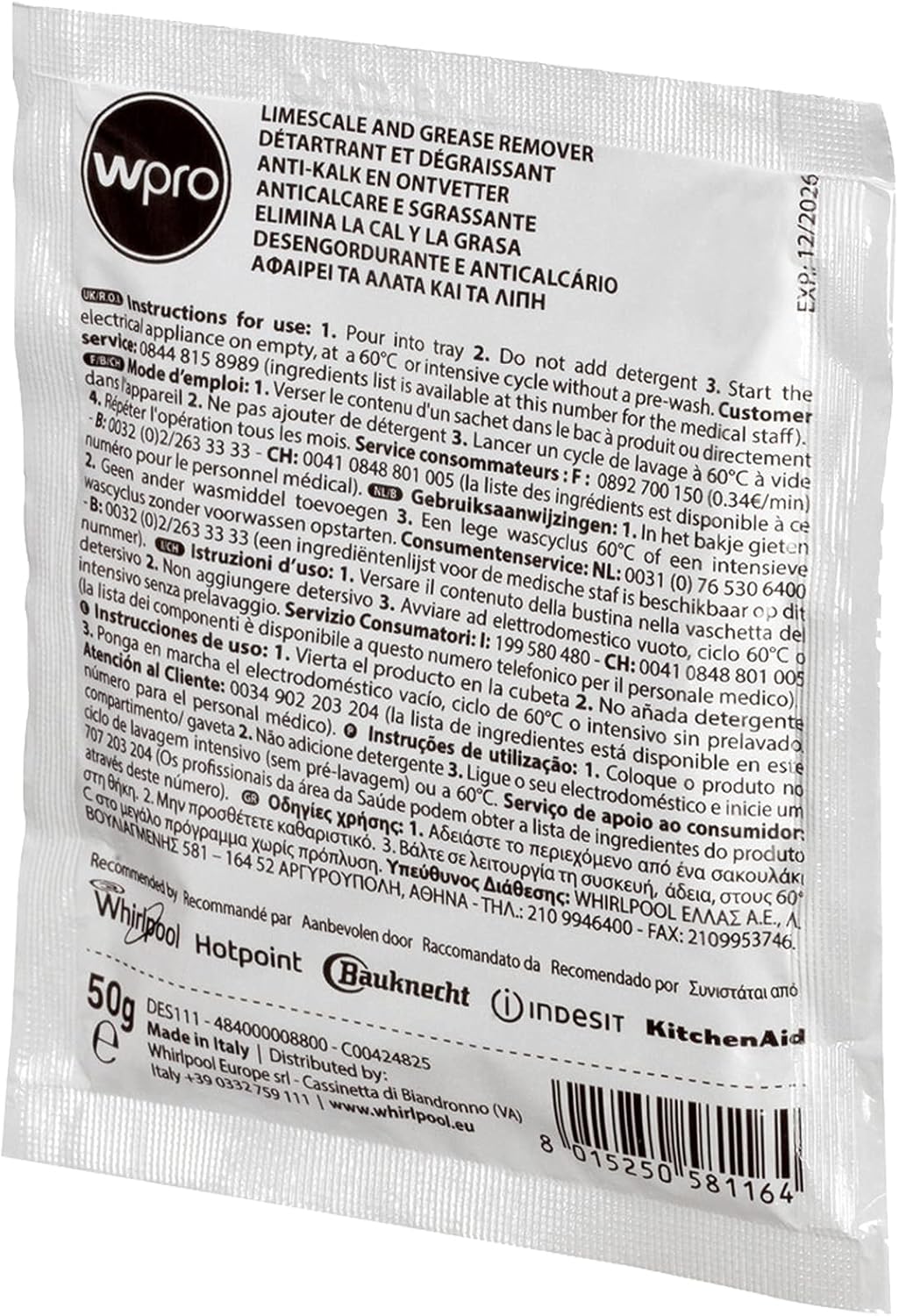Wpro DES121 C00424828 Descaler & Cleaner for Washing Machines and Dishwashers (12 Doses) Helps Kill Bacteria And Eliminates Odours And Keeps Your Washing Machine Smelling Fresh