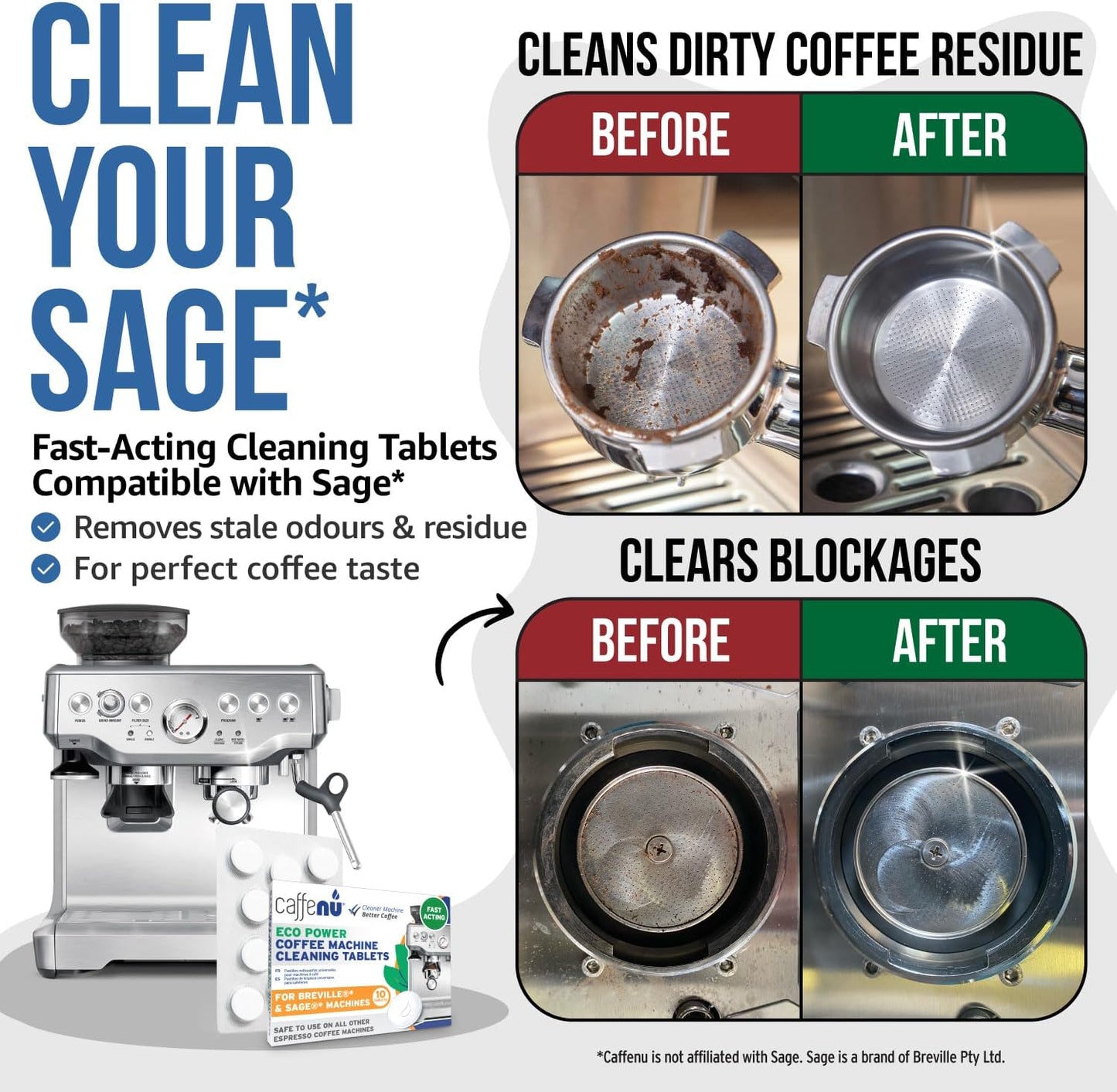 Caffenu Sage & Breville Coffee Machine Cleaning Tablets 10 Pack x 1.4g | Espresso Machine Cleaning Tablets Clean Internal Parts, Portafilter, Inaccessible Areas | Used With Descaling