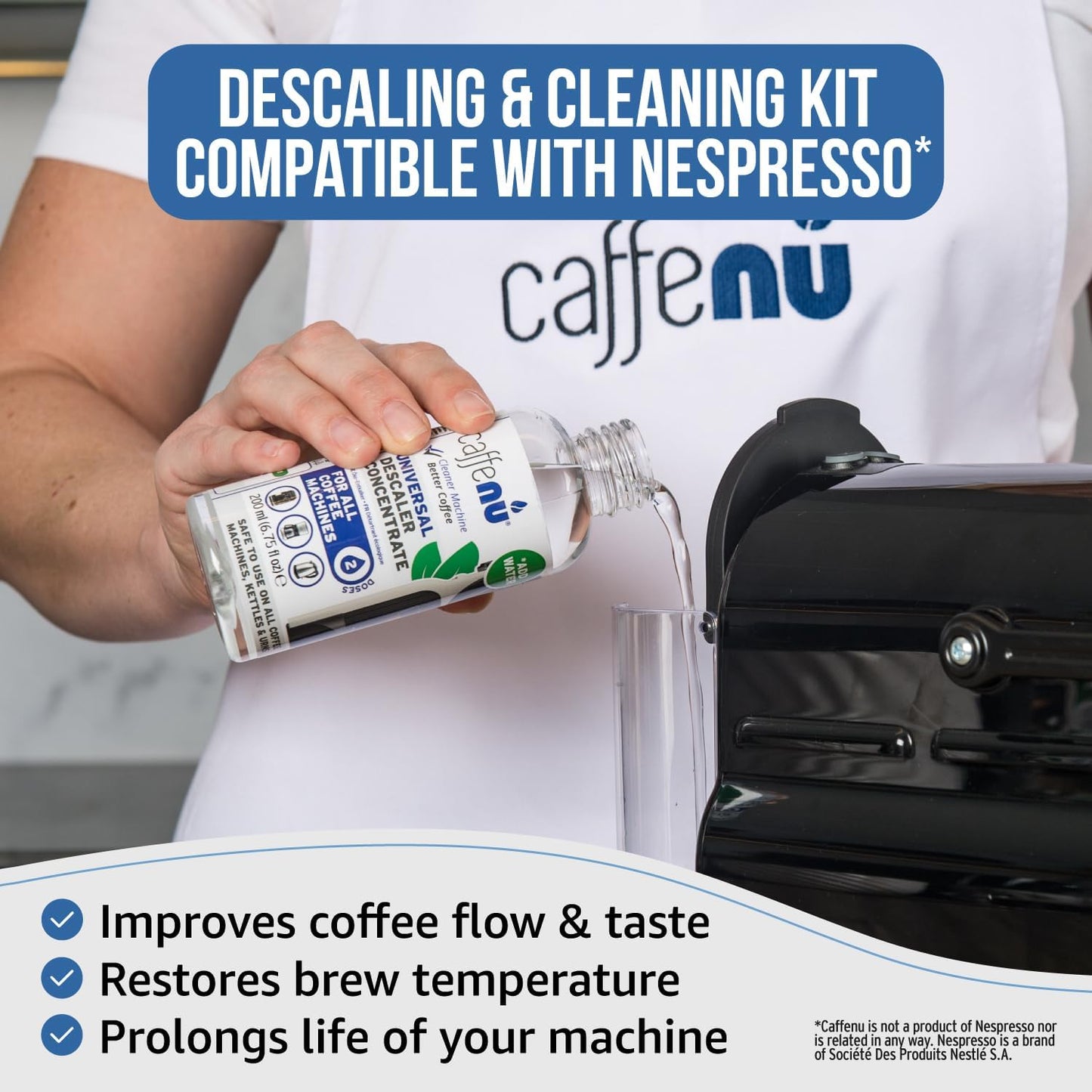 Nespresso Compatible Descaling Kit With Cleaning Capsules. 200ml Descaler Solution & 4 Cleaning Pods. Provides Hotter, Better Tasting Coffee. 4 Months Supply.