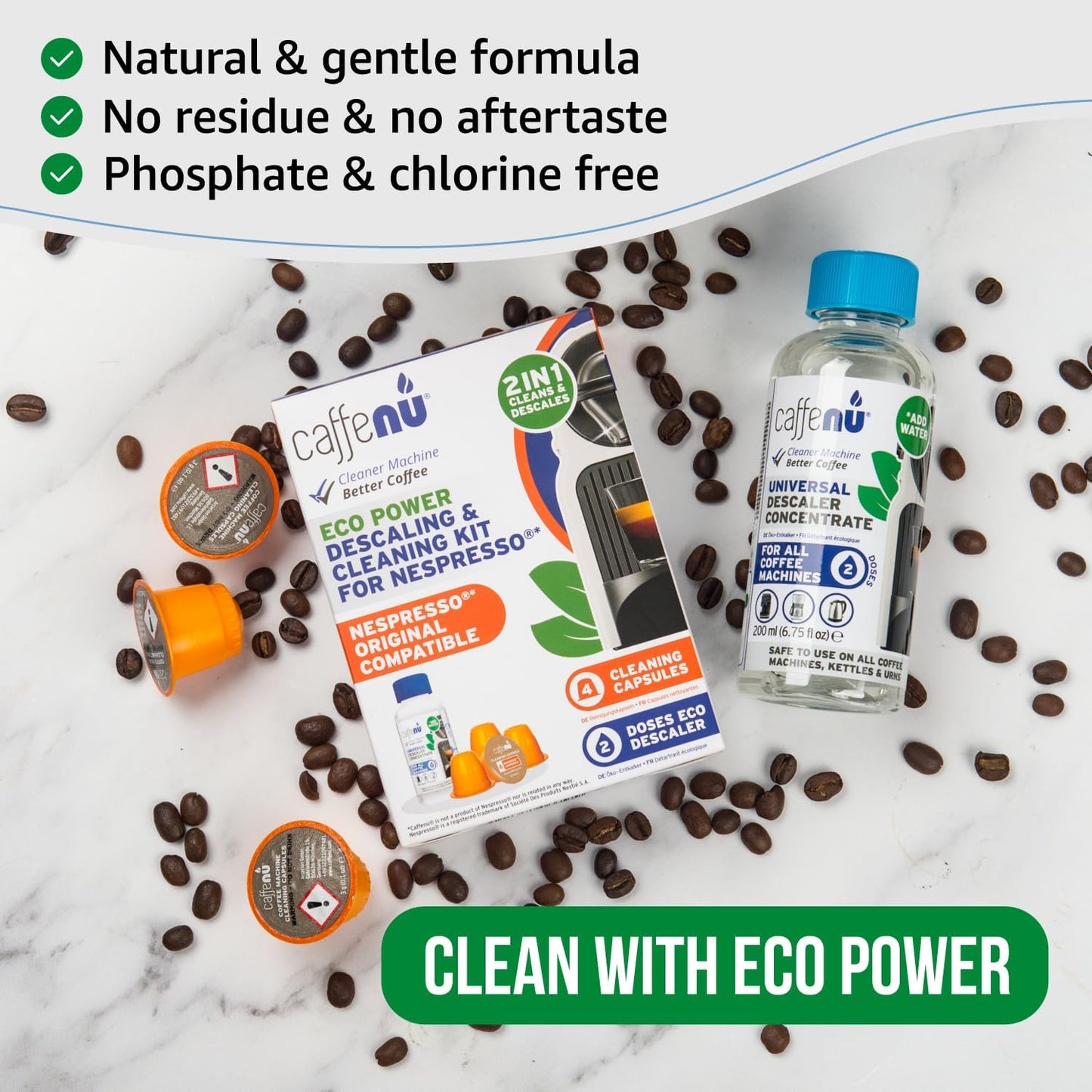 Nespresso Compatible Descaling Kit With Cleaning Capsules. 200ml Descaler Solution & 4 Cleaning Pods. Provides Hotter, Better Tasting Coffee. 4 Months Supply.