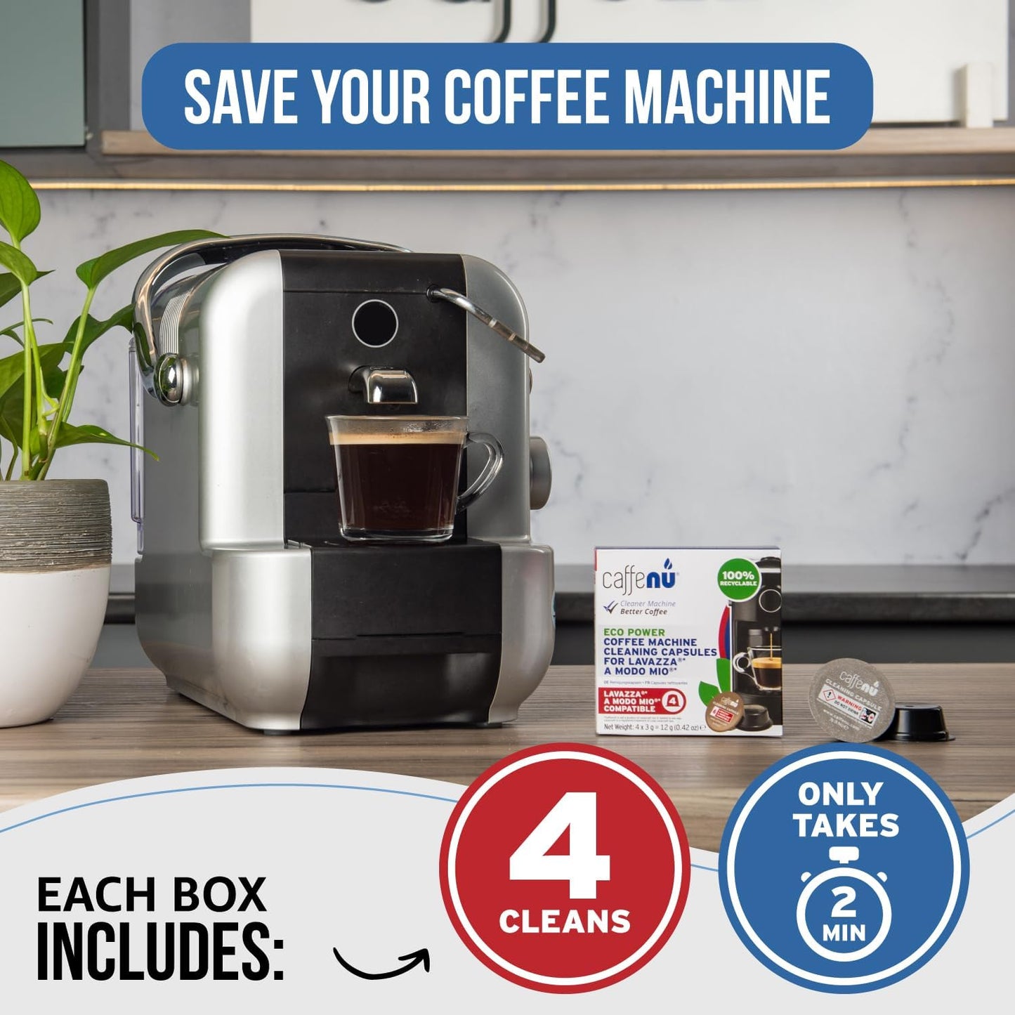 Caffenu Cleaning Capsules Compatible with Lavazza a Modo Mio 4 Compatible Lavazza Cleaning Pods. Coffee Machine Cleaner For Crisp Coffee. Cleans inaccessible areas such as nozzle and spout.
