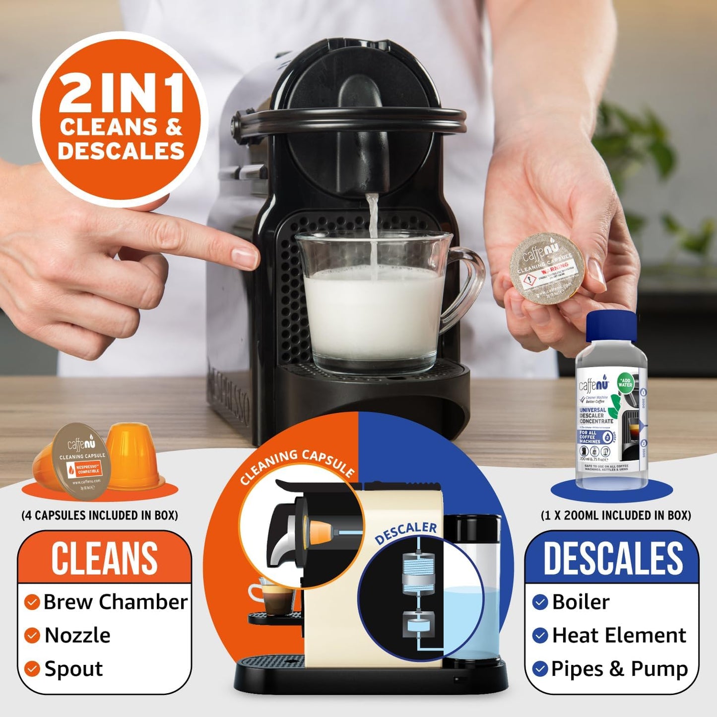 Nespresso Compatible Descaling Kit With Cleaning Capsules. 200ml Descaler Solution & 4 Cleaning Pods. Provides Hotter, Better Tasting Coffee. 4 Months Supply.
