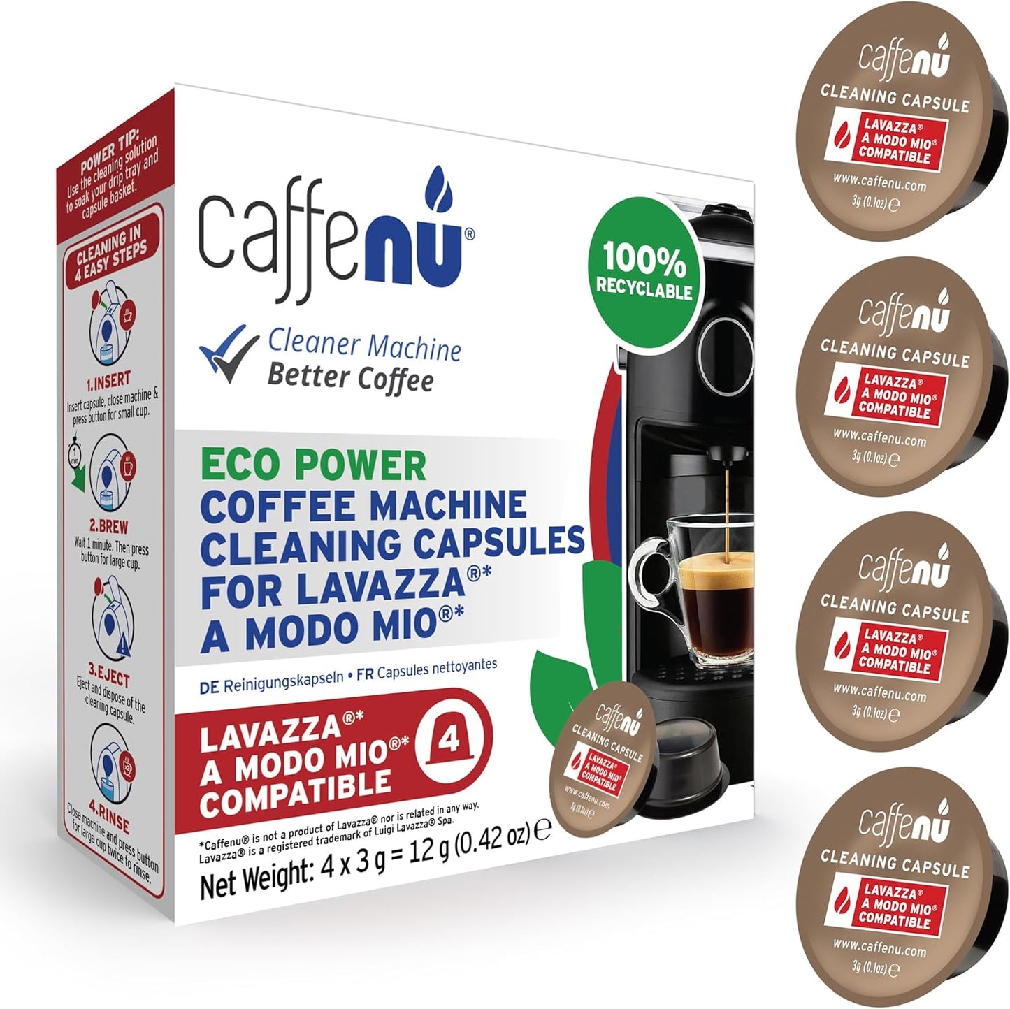 Caffenu Cleaning Capsules Compatible with Lavazza a Modo Mio 4 Compatible Lavazza Cleaning Pods. Coffee Machine Cleaner For Crisp Coffee. Cleans inaccessible areas such as nozzle and spout.
