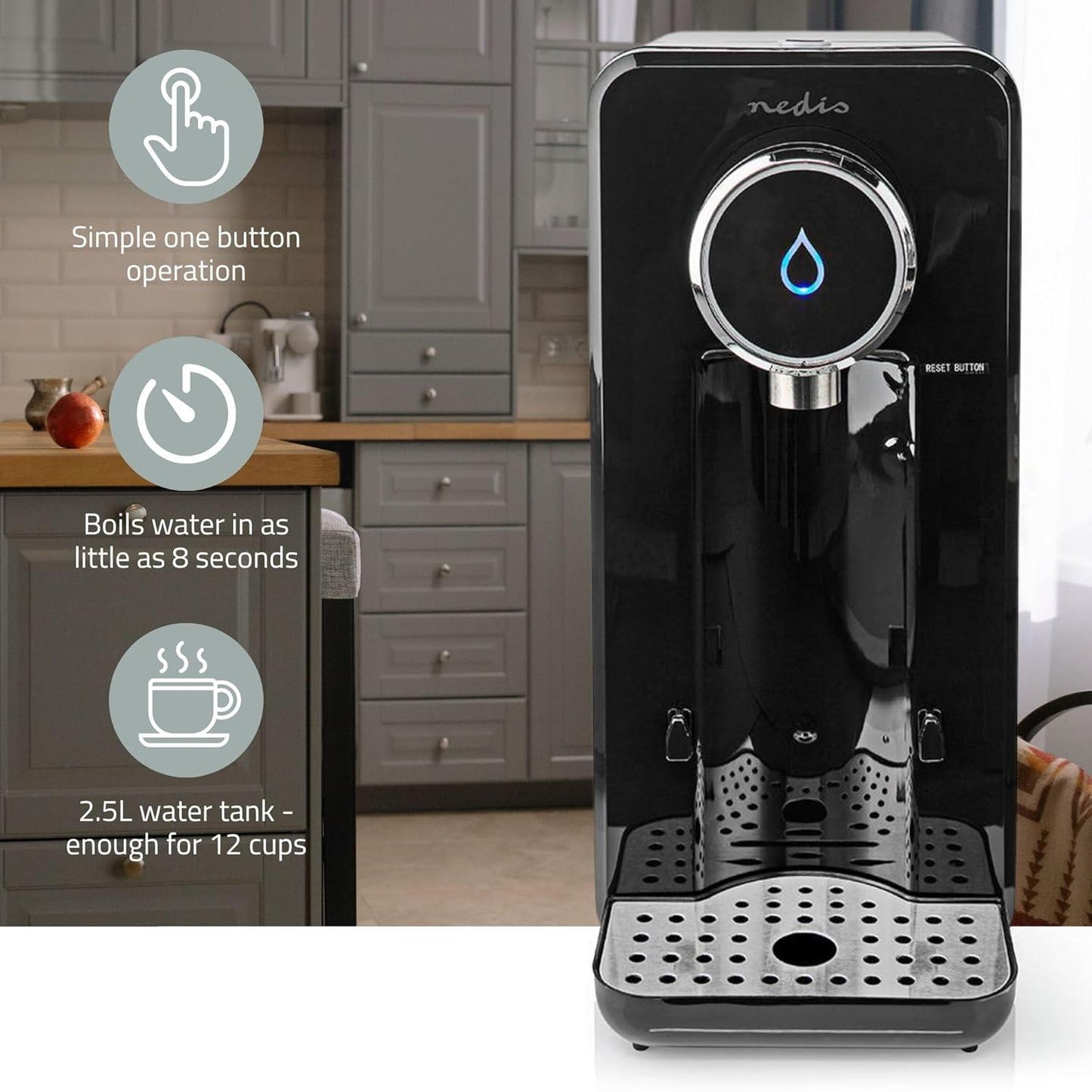 Nedis Hot Water Dispenser Machine 2.5L with One Button Operation with 4x Limescale Filters - Black