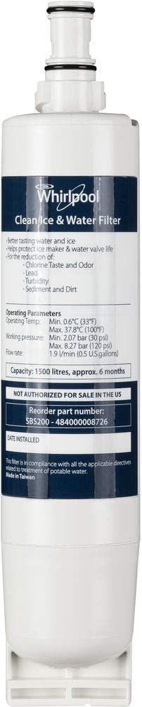 Whirlpool SBS200 Side-By-Side Fridge Water Filter Cartridge- White