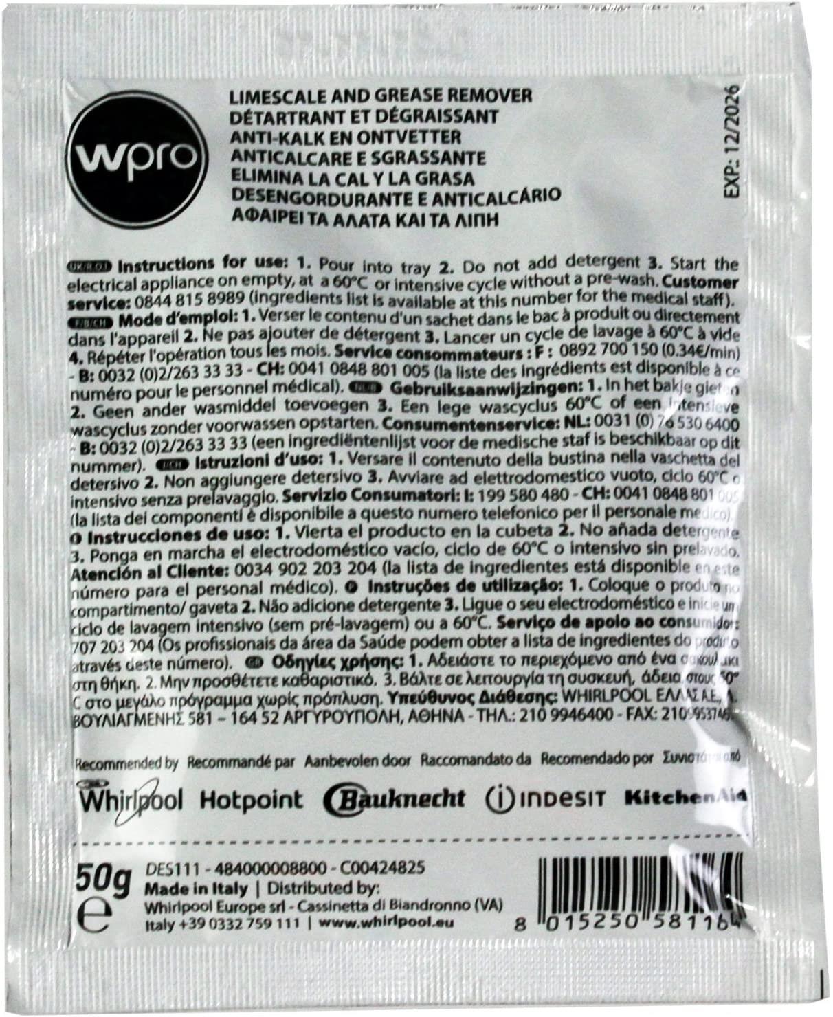 Wpro DES121 C00424828 Descaler & Cleaner for Washing Machines and Dishwashers (12 Doses) Helps Kill Bacteria And Eliminates Odours And Keeps Your Washing Machine Smelling Fresh