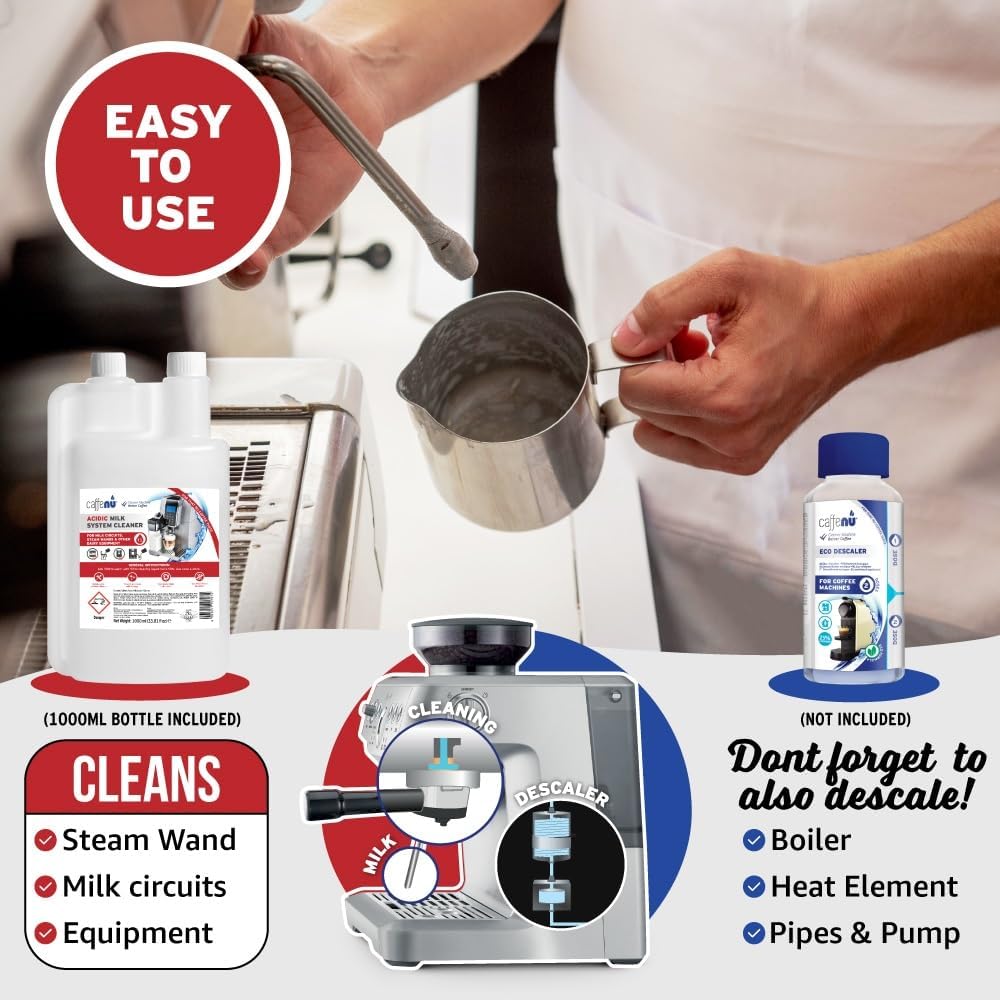 Milk Frother Cleaner. 1000ml Acidic Milk System Cleaner For Coffee Cleaning. Espresso Machine and Barista Accessories. Up to 32 Cleans.