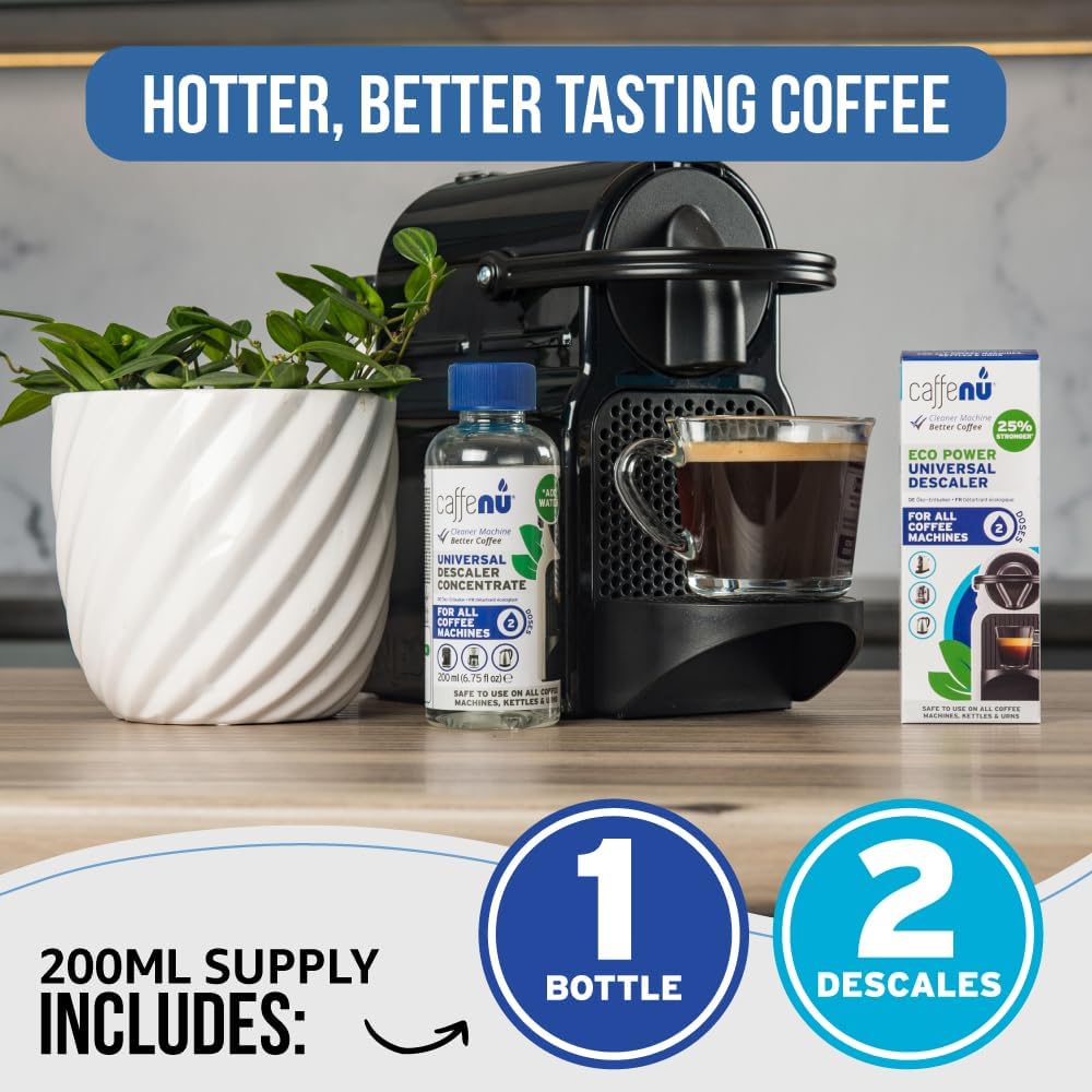 Universal Coffee Machine Descaler. 200ml Nespresso Compatible Descaler Kit. Dolce Gusto, Melitta, Gaggia Compatible. Removes Limescale and Provides Hotter Coffee. 2 Uses