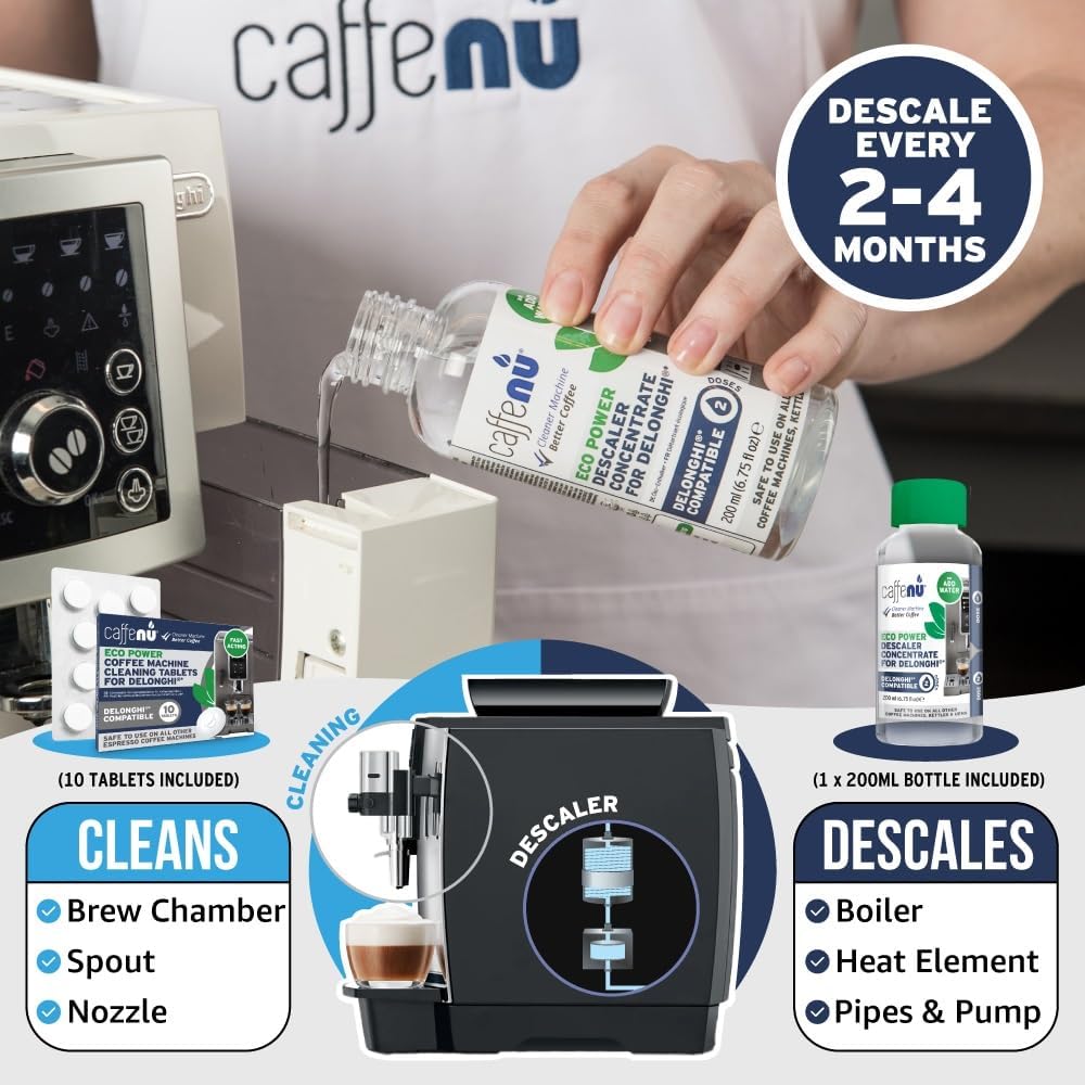 Delonghi Compatible Descaling Solution & 10 Cleaning Tablets. 200ml Descaler. Removes Limescale and Provides Hotter Coffee