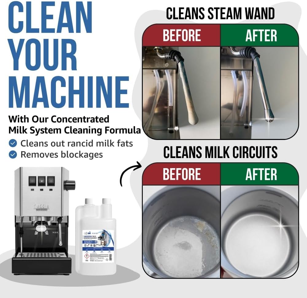 Milk Frother Cleaner. 1000ml Alkaline/Acidic Milk System Cleaner For Coffee Cleaning. Espresso Machine and Barista Accessories. Up to 32 Cleans.