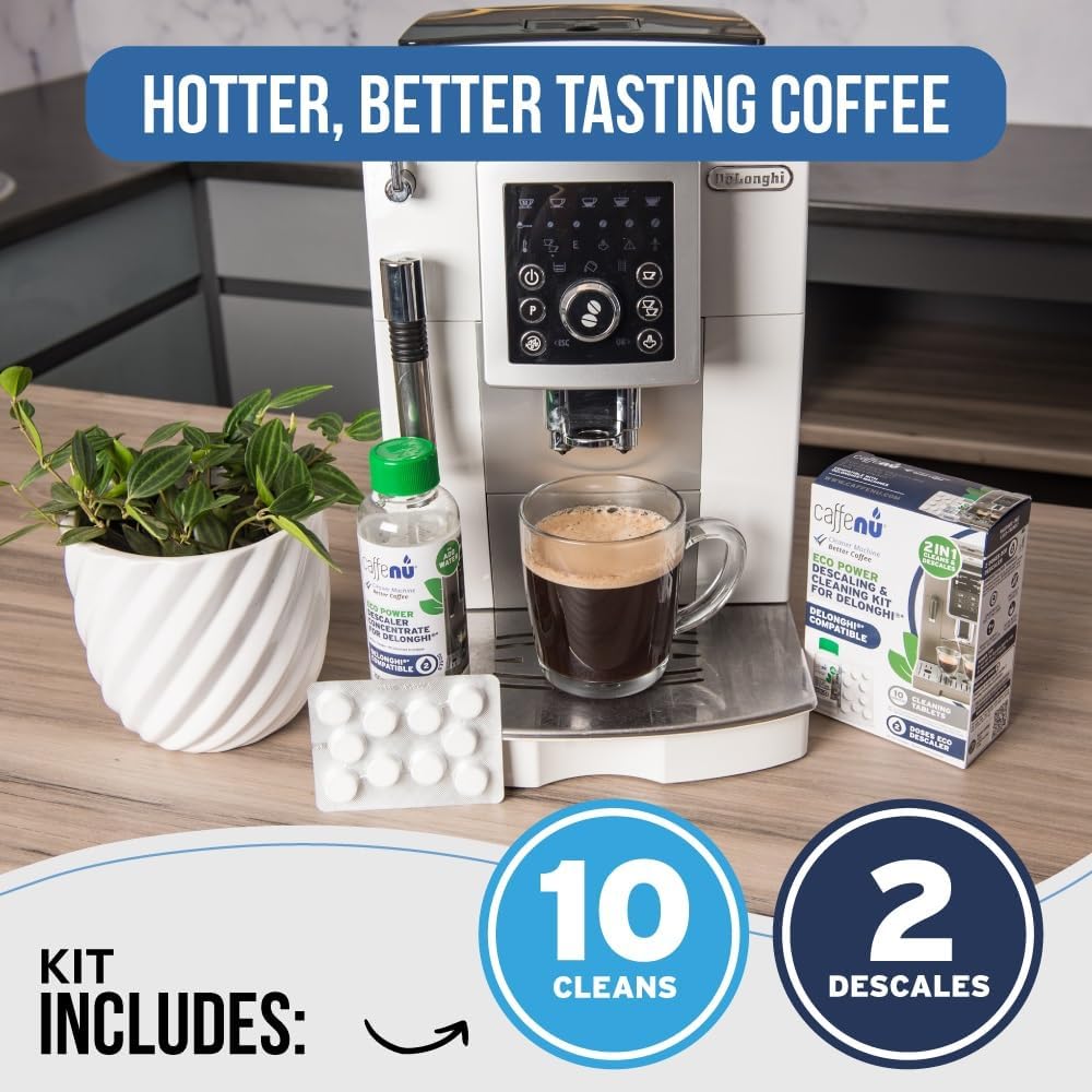 Delonghi Compatible Descaling Solution & 10 Cleaning Tablets. 200ml Descaler. Removes Limescale and Provides Hotter Coffee
