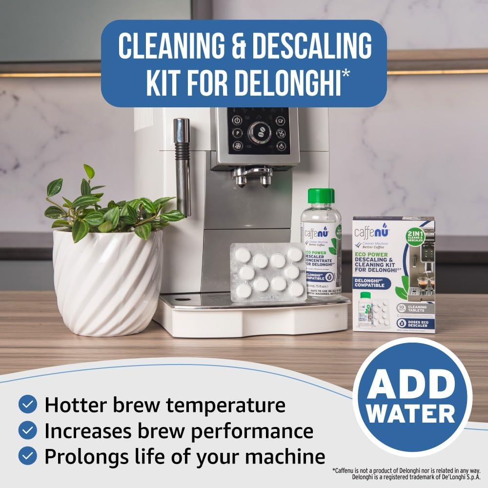 Delonghi Compatible Descaling Solution & 10 Cleaning Tablets. 200ml Descaler. Removes Limescale and Provides Hotter Coffee