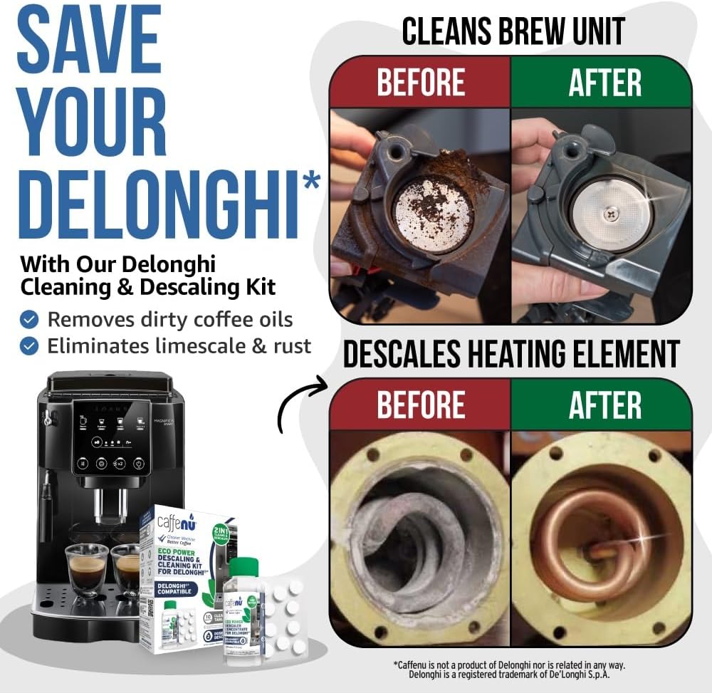 Delonghi Compatible Descaling Solution & 10 Cleaning Tablets. 200ml Descaler. Removes Limescale and Provides Hotter Coffee