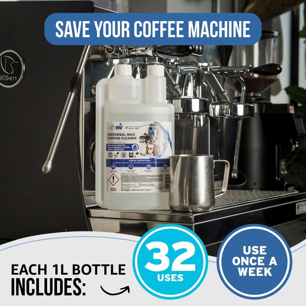 Milk Frother Cleaner. 1000ml Alkaline/Acidic Milk System Cleaner For Coffee Cleaning. Espresso Machine and Barista Accessories. Up to 32 Cleans.