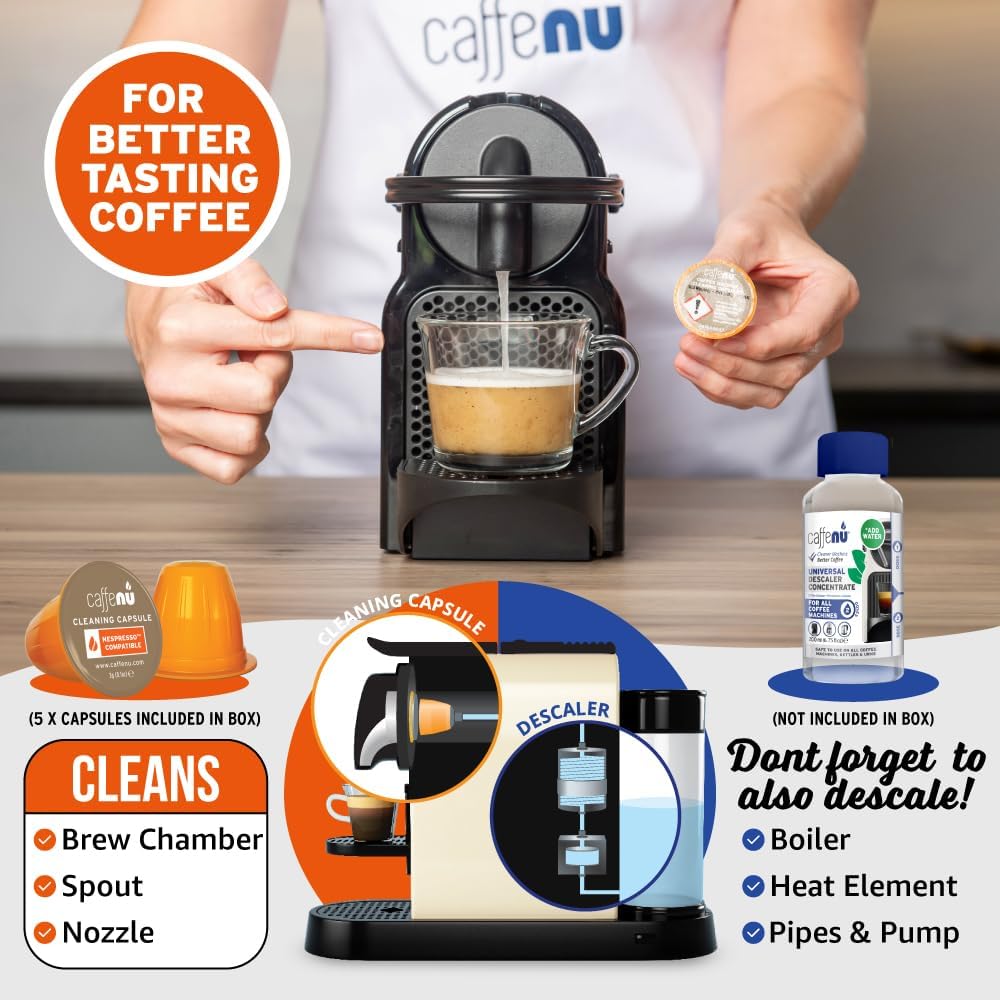 Nespresso Compatible Cleaning Capsules. 5 Originaline Cleaning Pods. Coffee Machine Cleaner For Crisp Coffee. Combines with Nespresso Descaler Kit.