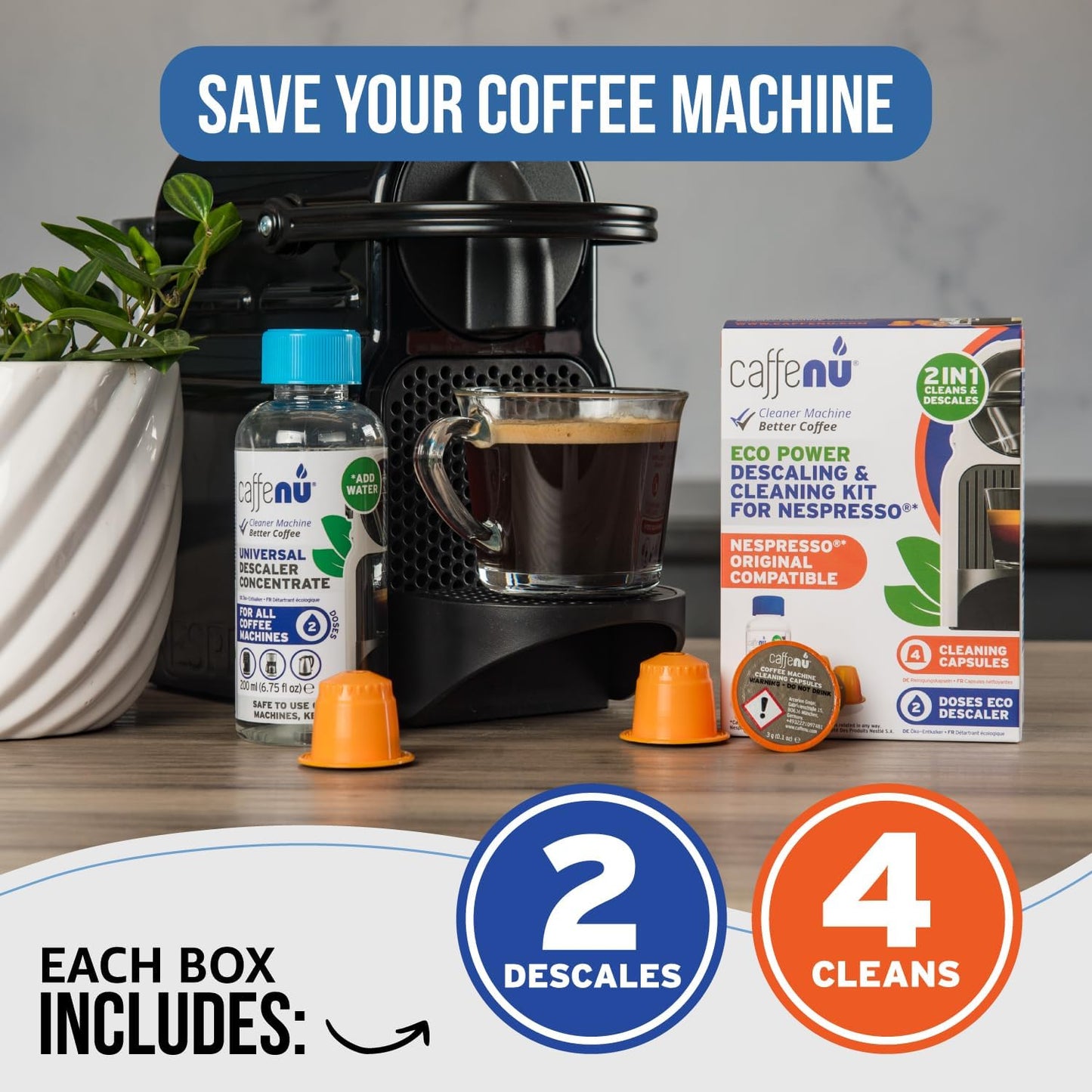 Nespresso Compatible Descaling Kit With Cleaning Capsules. 200ml Descaler Solution & 4 Cleaning Pods. Provides Hotter, Better Tasting Coffee. 4 Months Supply.