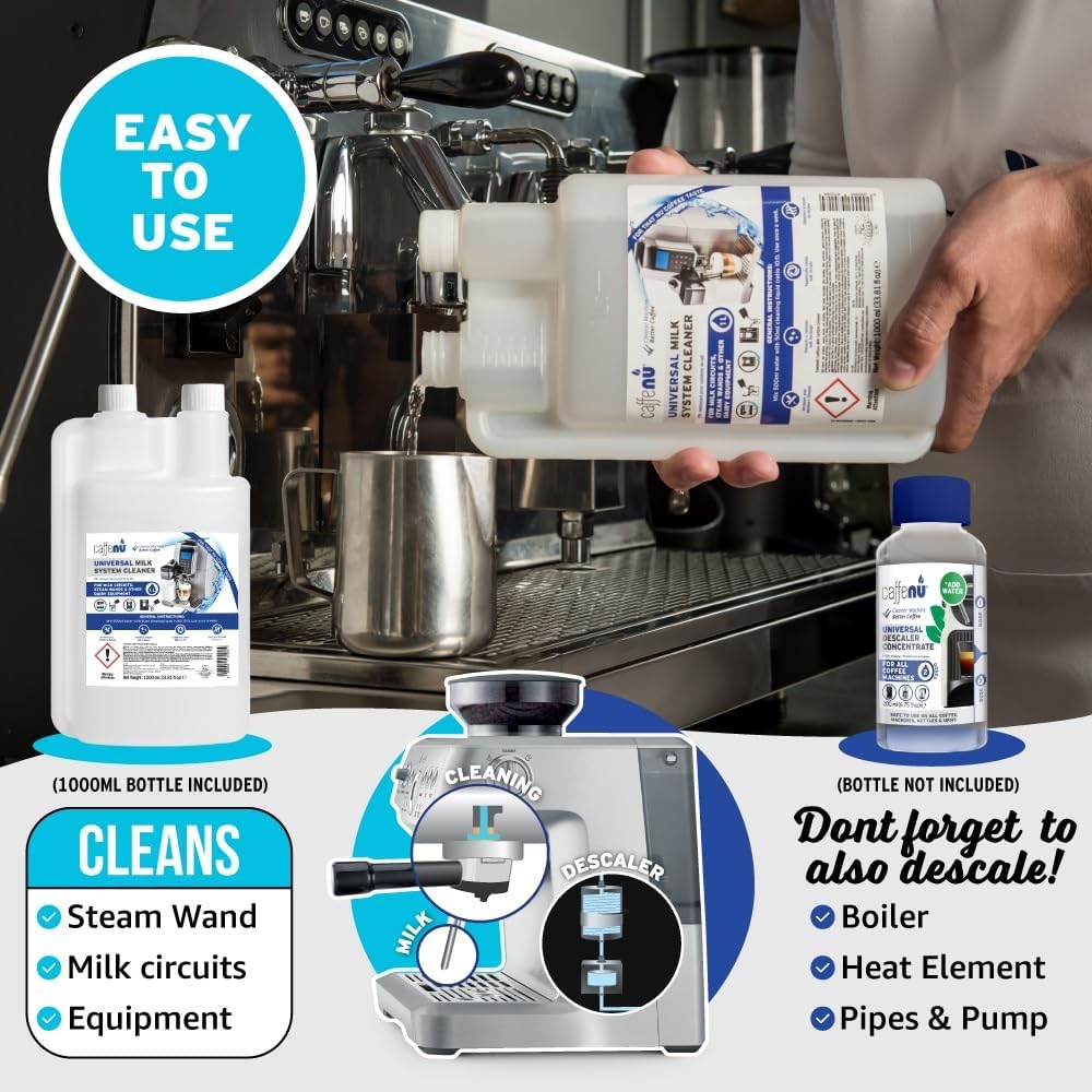 Milk Frother Cleaner. 1000ml Alkaline/Acidic Milk System Cleaner For Coffee Cleaning. Espresso Machine and Barista Accessories. Up to 32 Cleans.