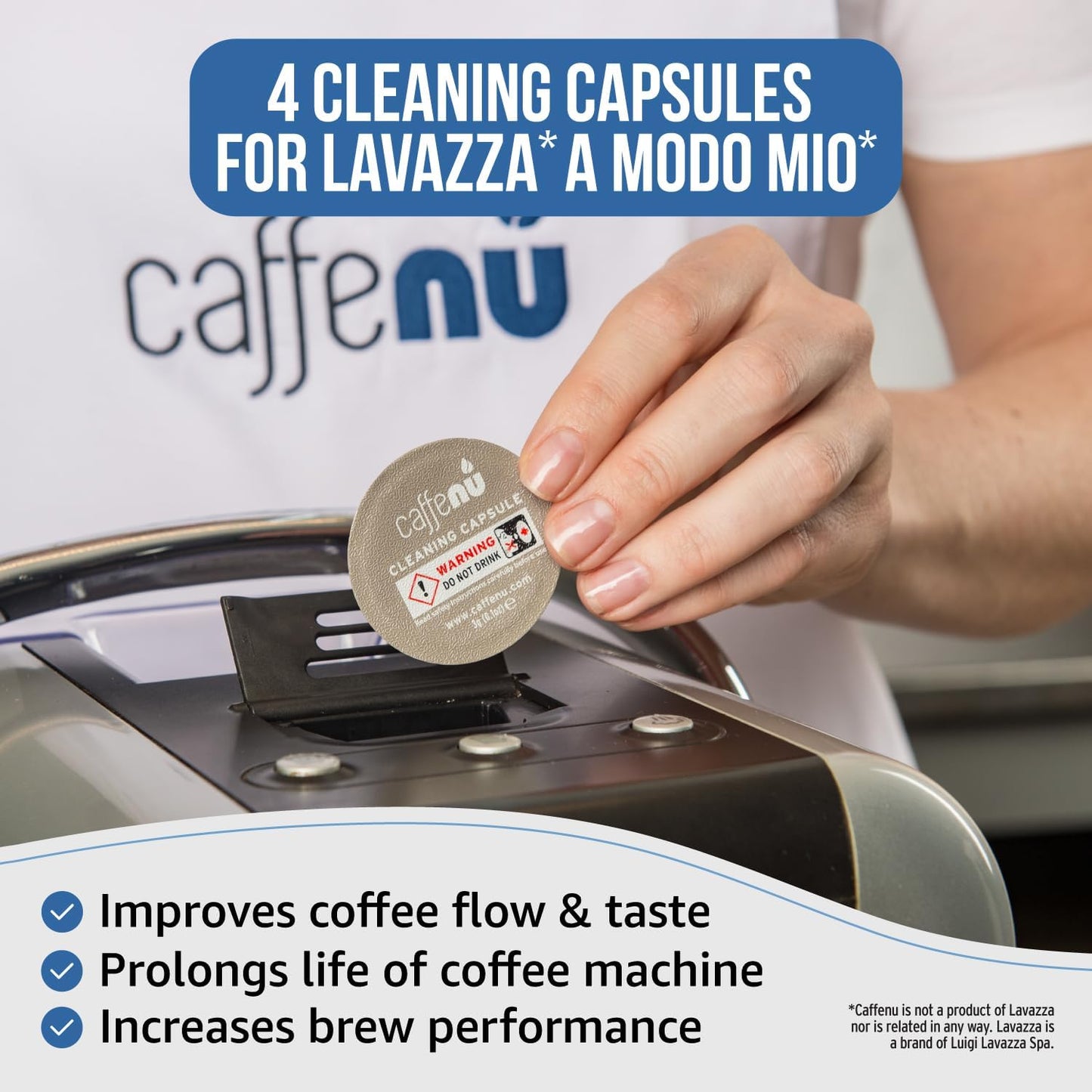 Caffenu Cleaning Capsules Compatible with Lavazza a Modo Mio 4 Compatible Lavazza Cleaning Pods. Coffee Machine Cleaner For Crisp Coffee. Cleans inaccessible areas such as nozzle and spout.