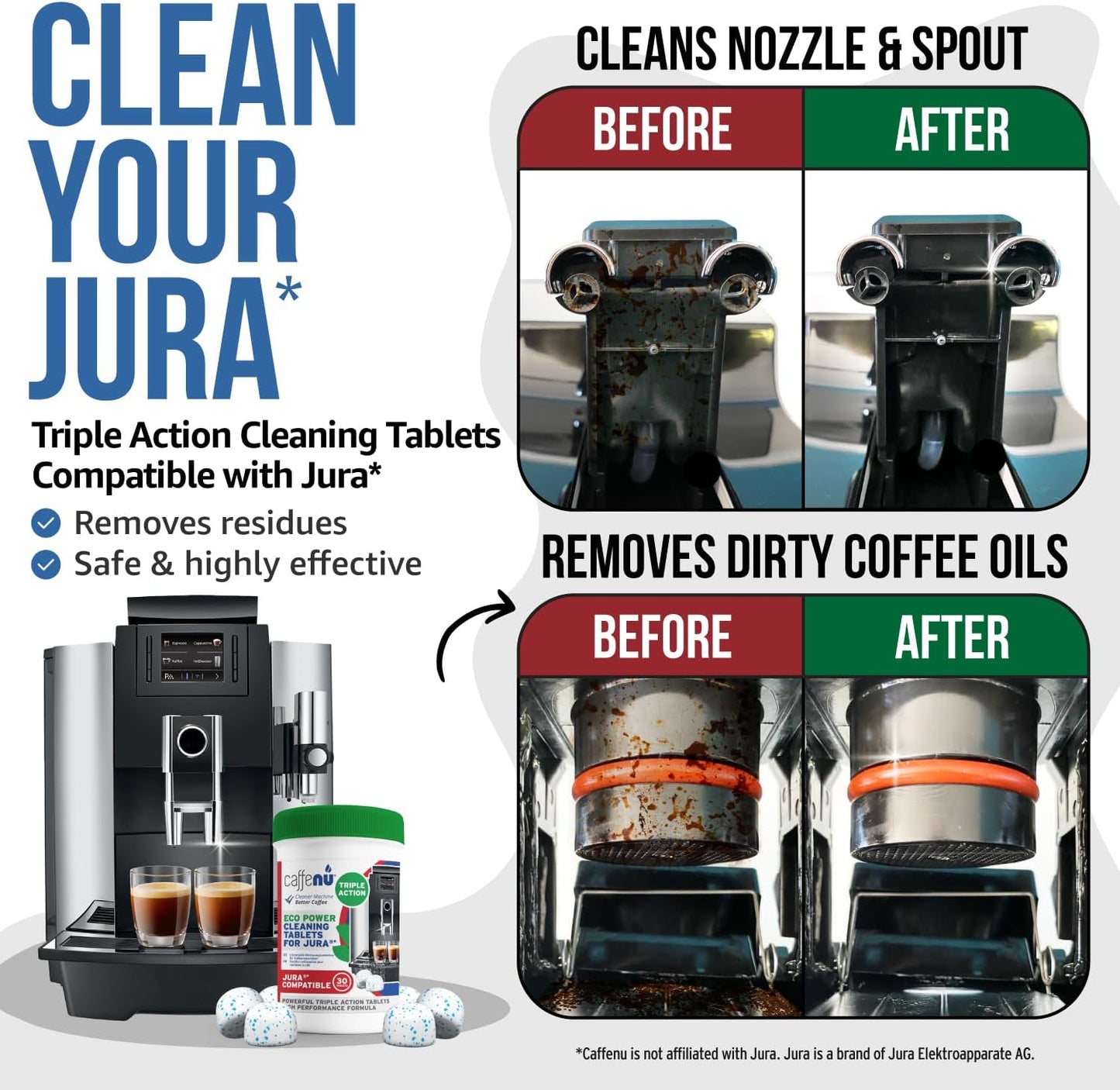Jura Compatible Cleaning Tablets. 30 Coffee Machine Cleaner Tablets. Cleans Internal Parts, Portafilter, Inaccessible Areas.