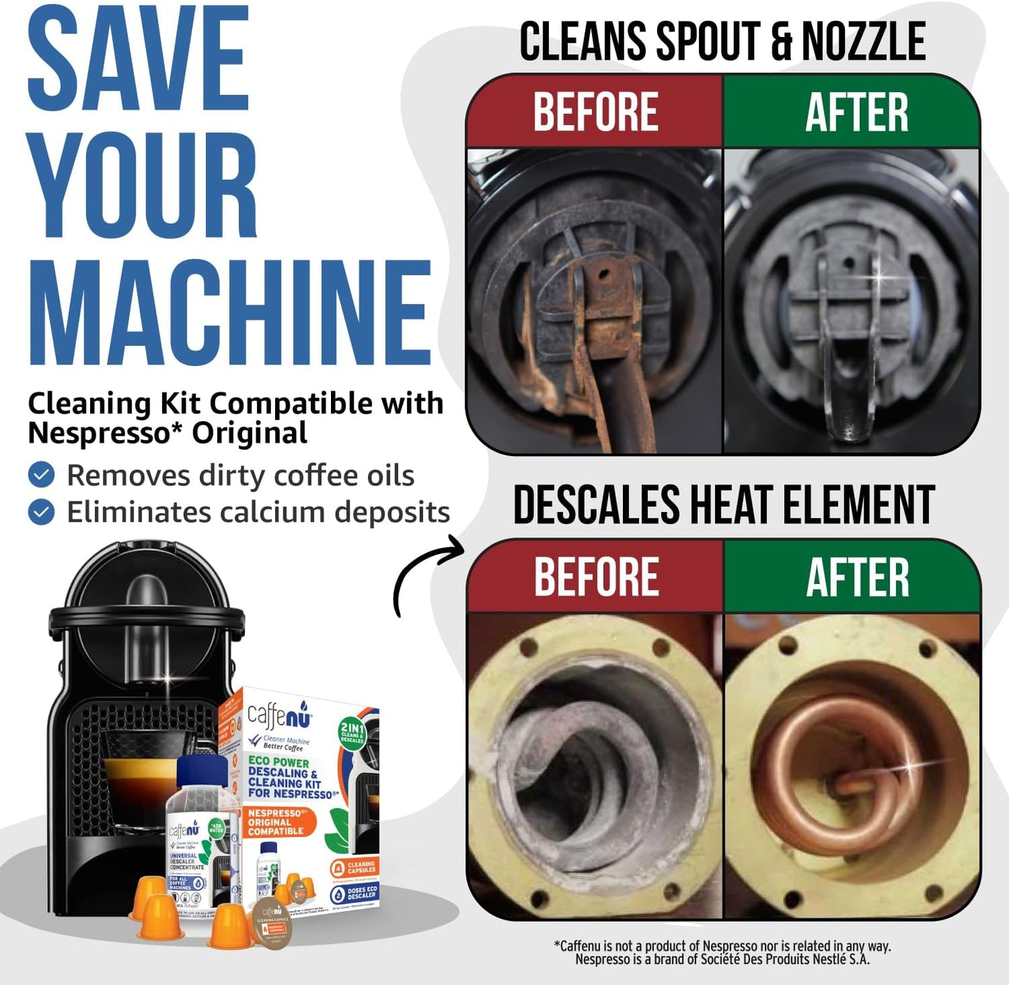 Nespresso Compatible Descaling Kit With Cleaning Capsules. 200ml Descaler Solution & 4 Cleaning Pods. Provides Hotter, Better Tasting Coffee. 4 Months Supply.