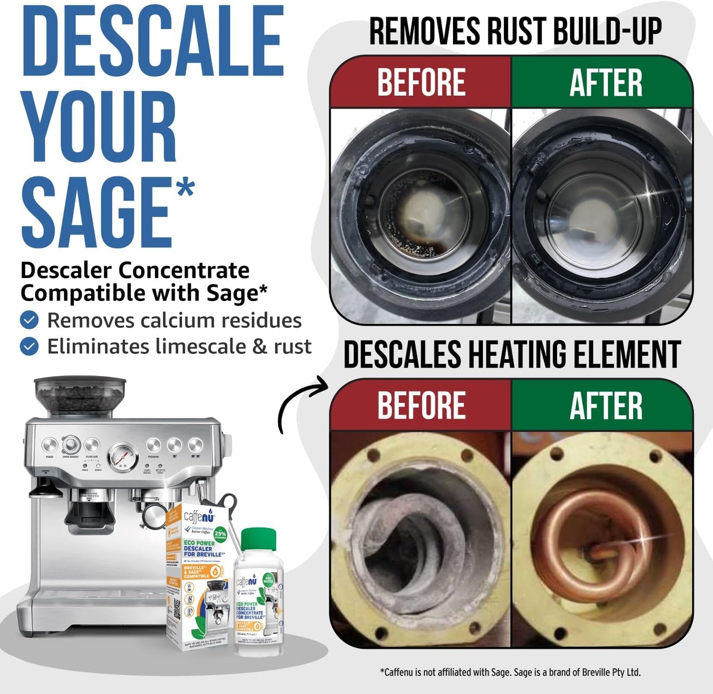 Sage Compatible Descaling Solution. 200ml Descaler Compatible with All Sage and Breville Coffee Machines. Removes Limescale and Provides Hotter Coffee. 2 Uses.