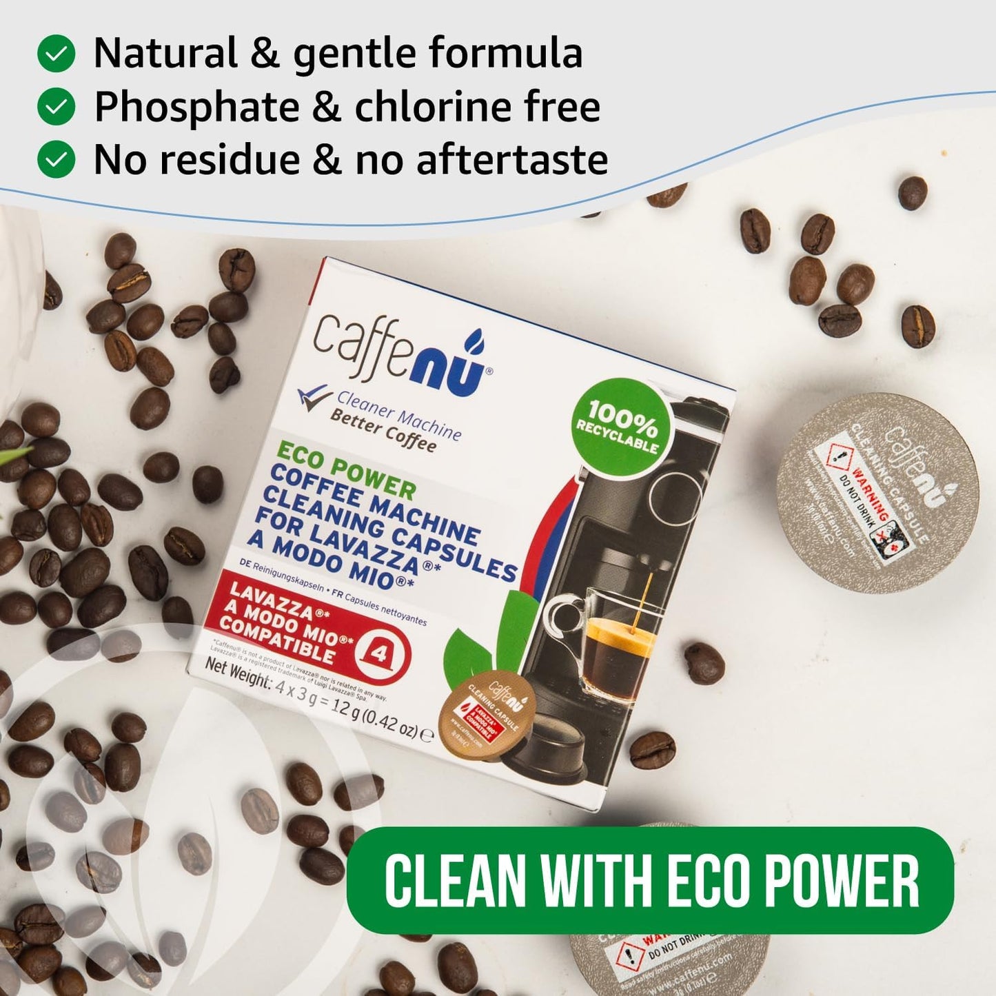 Caffenu Cleaning Capsules Compatible with Lavazza a Modo Mio 4 Compatible Lavazza Cleaning Pods. Coffee Machine Cleaner For Crisp Coffee. Cleans inaccessible areas such as nozzle and spout.