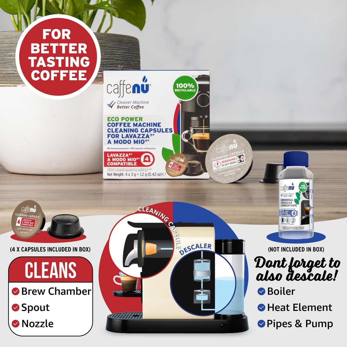 Caffenu Cleaning Capsules Compatible with Lavazza a Modo Mio 4 Compatible Lavazza Cleaning Pods. Coffee Machine Cleaner For Crisp Coffee. Cleans inaccessible areas such as nozzle and spout.