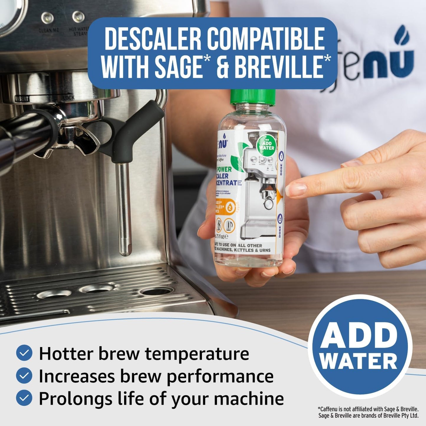 Sage Compatible Descaling Solution. 200ml Descaler Compatible with All Sage and Breville Coffee Machines. Removes Limescale and Provides Hotter Coffee. 2 Uses.