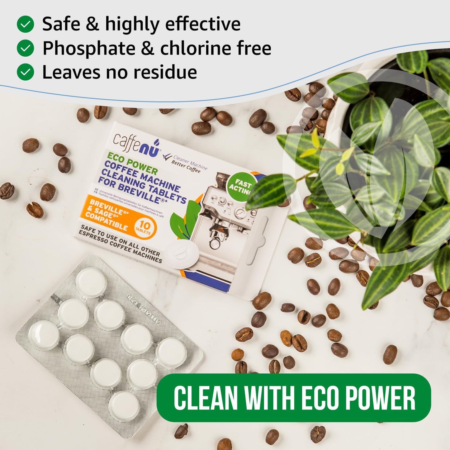 Caffenu Sage & Breville Coffee Machine Cleaning Tablets 10 Pack x 1.4g | Espresso Machine Cleaning Tablets Clean Internal Parts, Portafilter, Inaccessible Areas | Used With Descaling