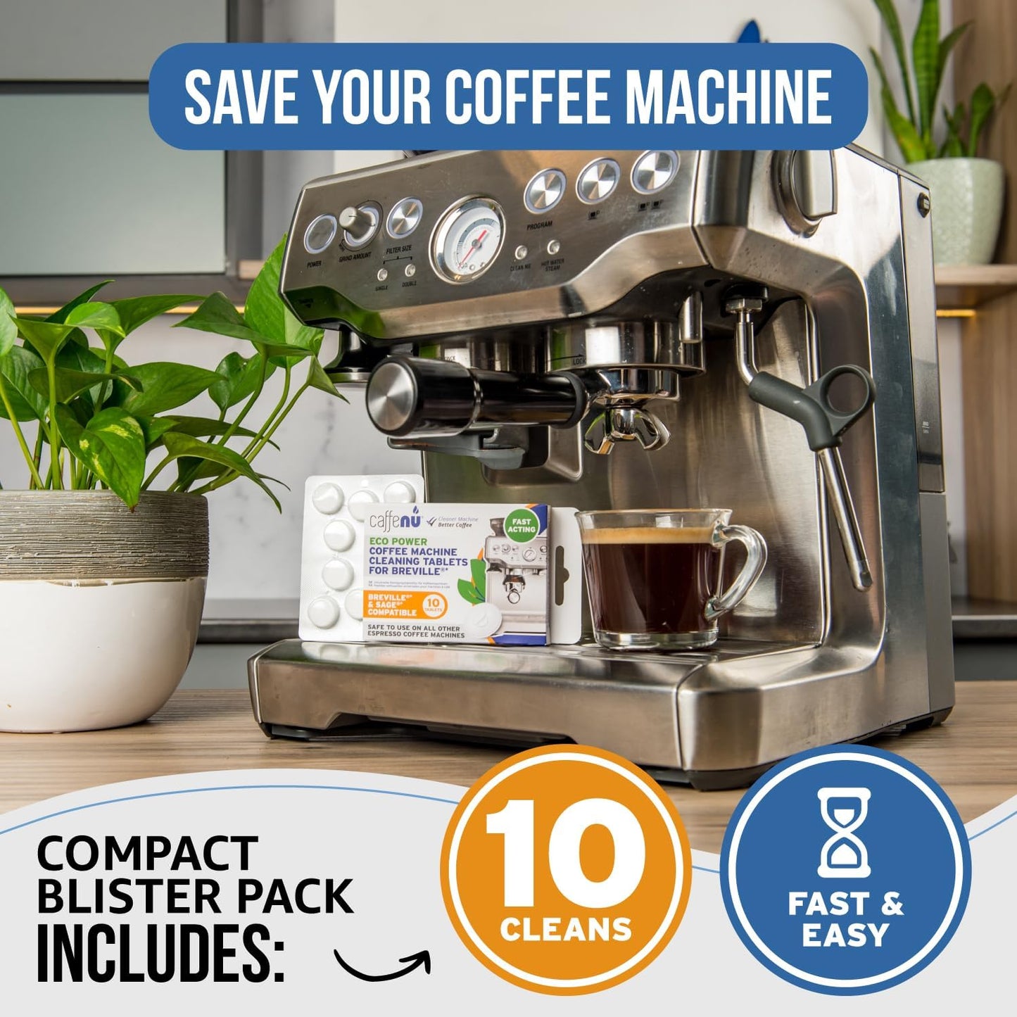 Caffenu Sage & Breville Coffee Machine Cleaning Tablets 10 Pack x 1.4g | Espresso Machine Cleaning Tablets Clean Internal Parts, Portafilter, Inaccessible Areas | Used With Descaling