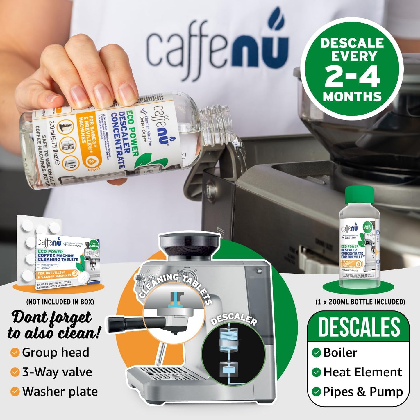 Sage Compatible Descaling Solution. 200ml Descaler Compatible with All Sage and Breville Coffee Machines. Removes Limescale and Provides Hotter Coffee. 2 Uses.
