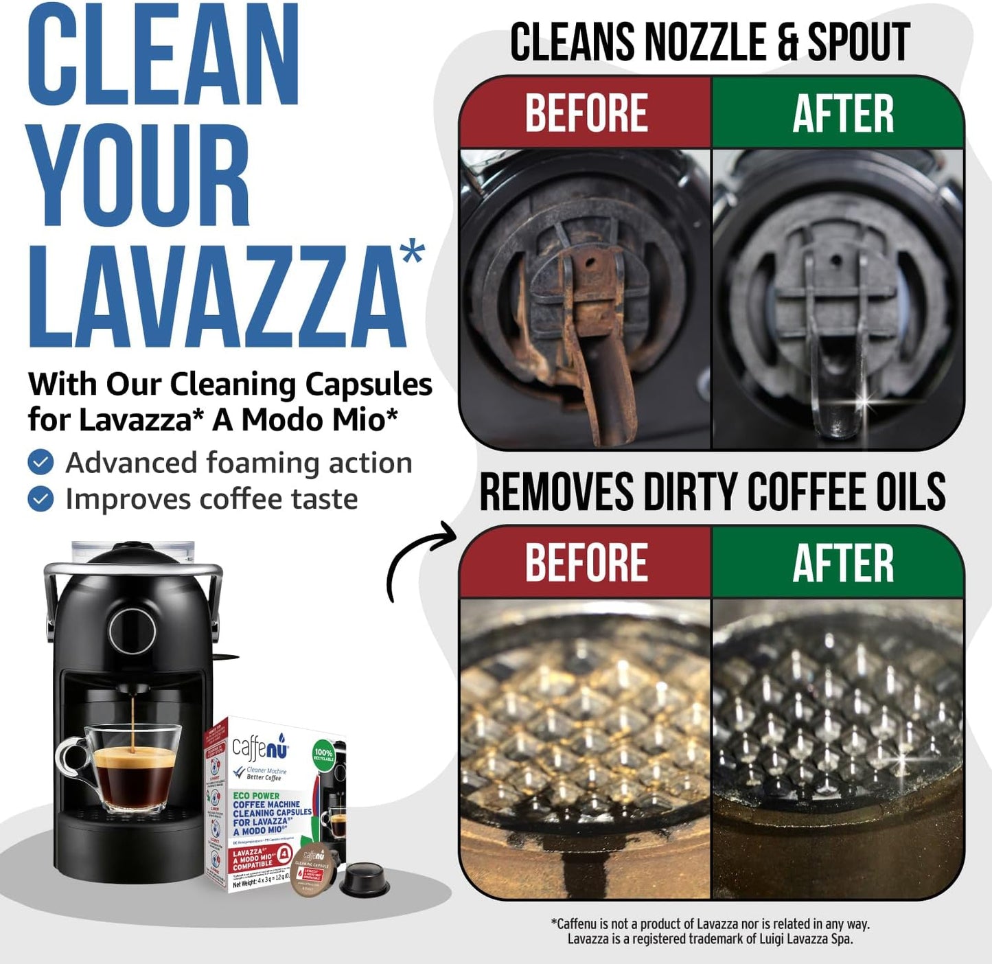 Caffenu Cleaning Capsules Compatible with Lavazza a Modo Mio 4 Compatible Lavazza Cleaning Pods. Coffee Machine Cleaner For Crisp Coffee. Cleans inaccessible areas such as nozzle and spout.