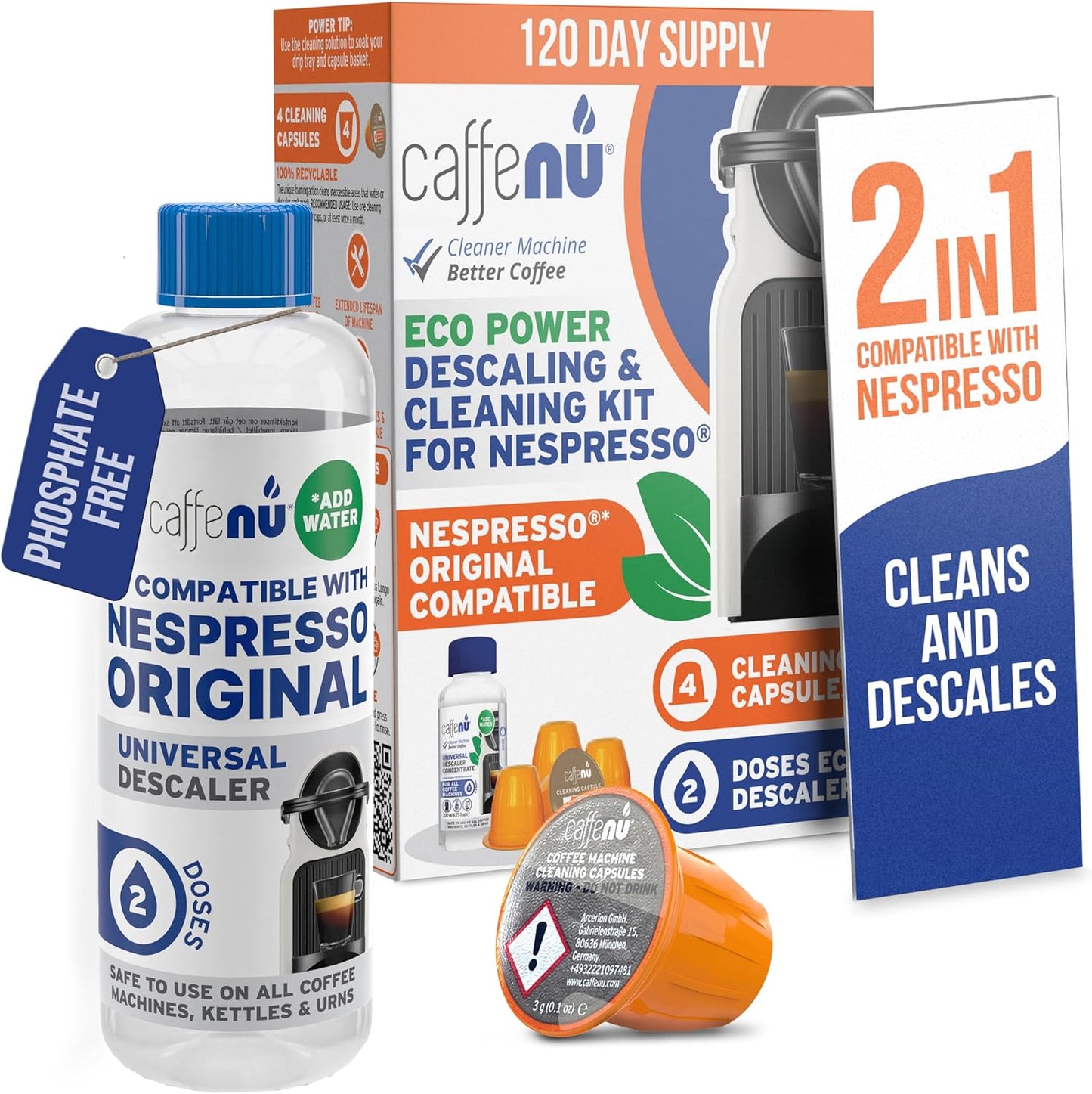 Nespresso Compatible Descaling Kit With Cleaning Capsules. 200ml Descaler Solution & 4 Cleaning Pods. Provides Hotter, Better Tasting Coffee. 4 Months Supply.