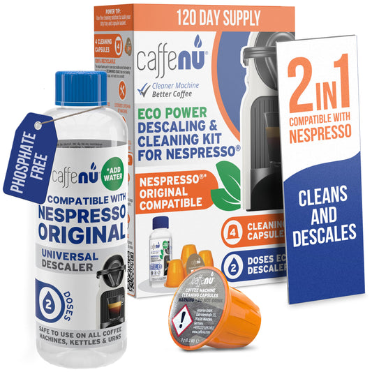 Nespresso Compatible Descaling Kit With Cleaning Capsules. 200ml Descaler Solution & 4 Cleaning Pods. Provides Hotter, Better Tasting Coffee. 4 Months Supply.