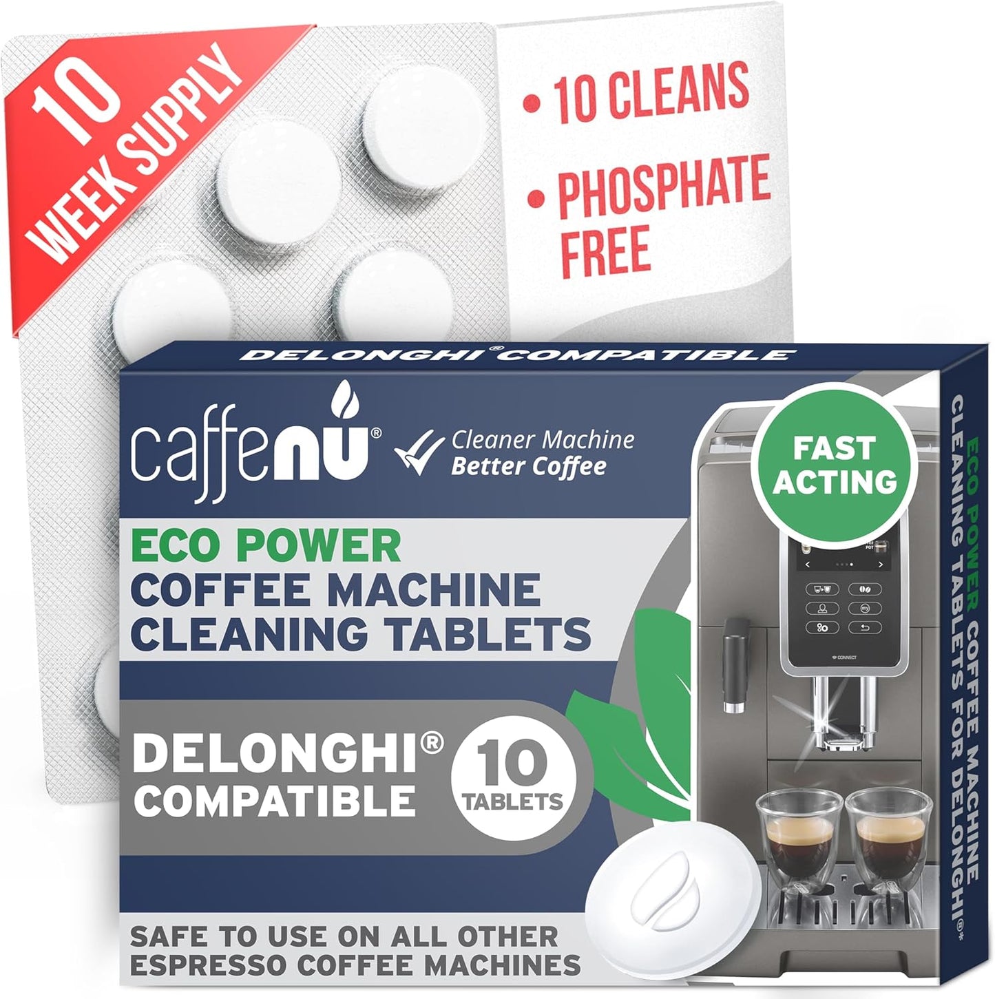 Caffenu Cleaning Tablets Compatible with Delonghi Coffee Machines, 10 Count, 1.4g Each