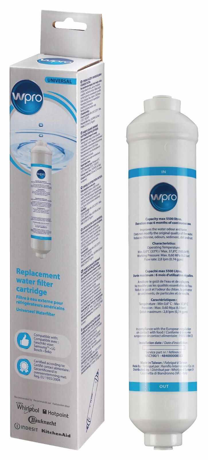 Wpro Universal Refrigerator & Freezer Water Filter USC100 USC101 for Samsung, LG, Bosch, Beko